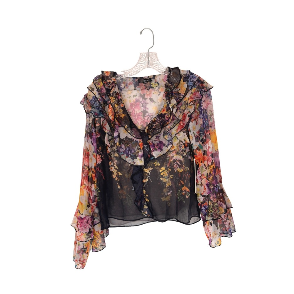 Women's Floral Blouse V-Neck Ruffle Black Fairy Sheer Bell Sleeve Lightweight XS